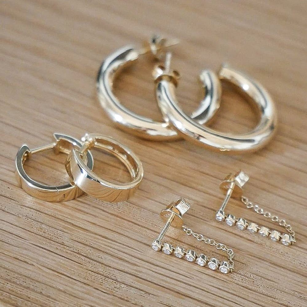 Jumbo Sasha Hoop Earrings, Charlie Hoop Earrings, and Multi Diamond Bezel Chain Stud Earring in 14k Yellow Gold