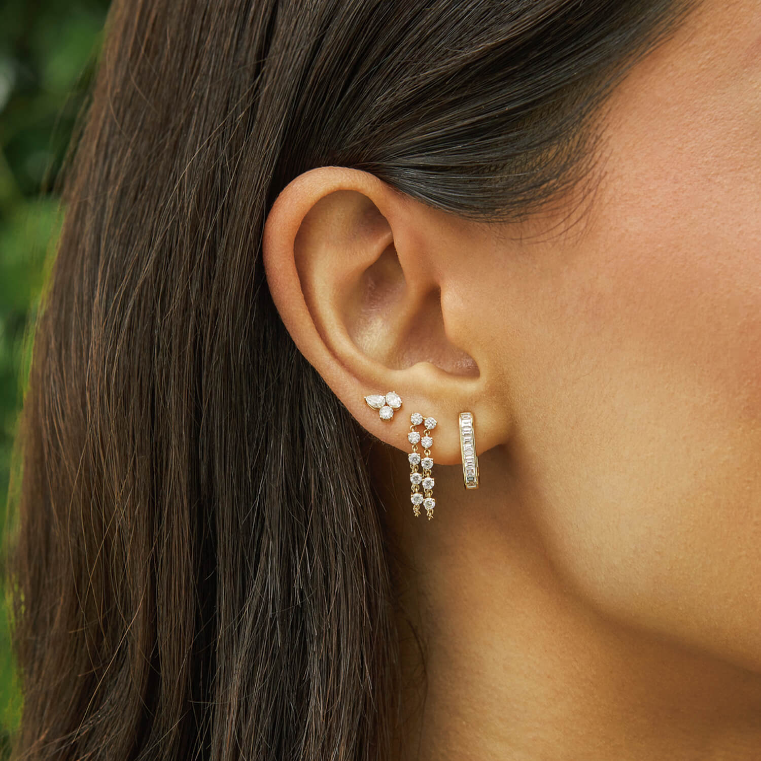 EF Collection 14k yellow gold earrings with diamonds styled on ear of model
