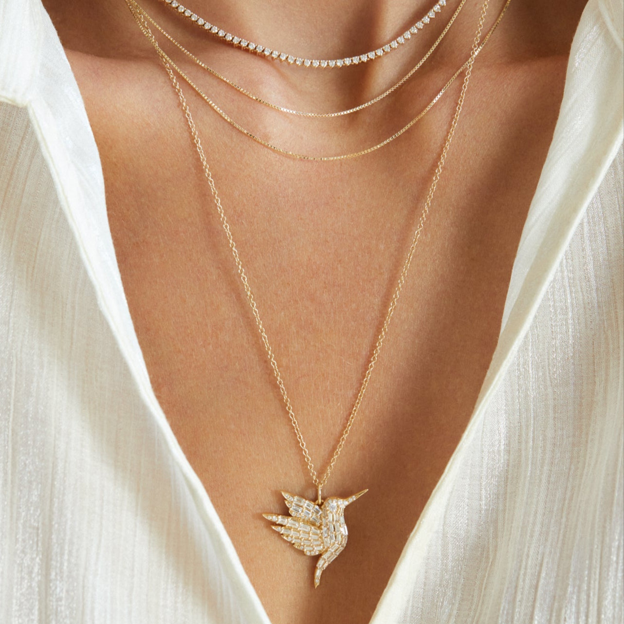 Diamond Baguette Hummingbird Necklace