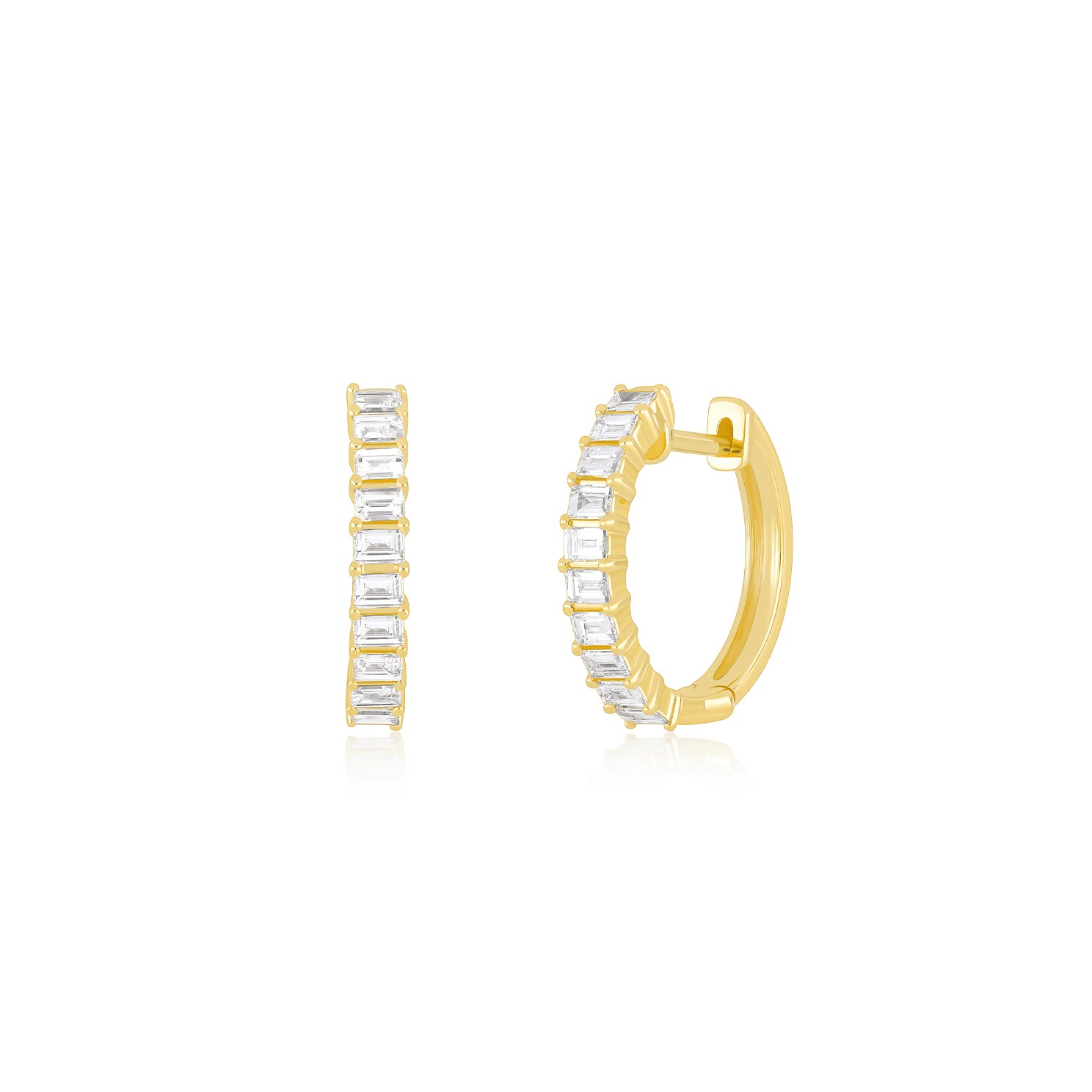 Prong Set Diamond Baguette Hoop Earrings in 14k yellow gold