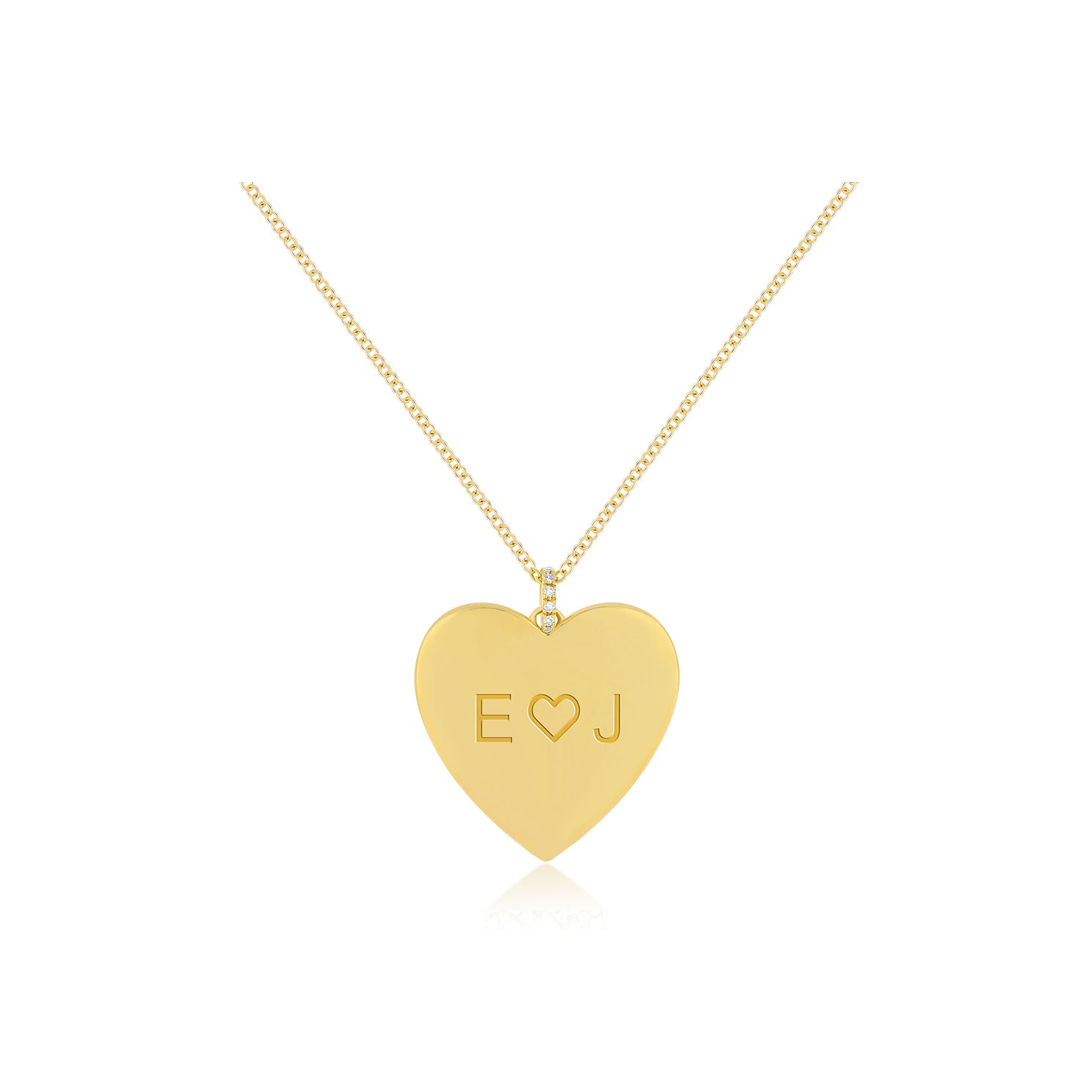 Gold Jumbo Heart Necklace in 14k YELLOW gold engraved with the initials E heart J