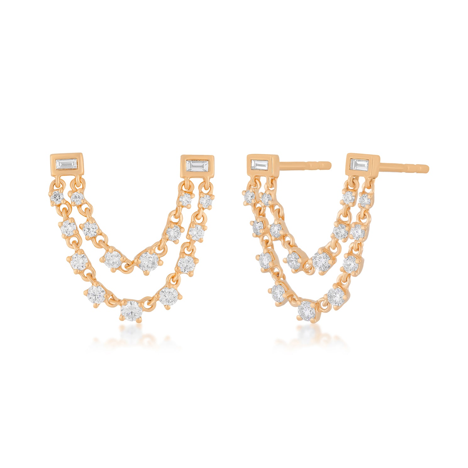 Baguette Double Diamond Chain Stud Earring