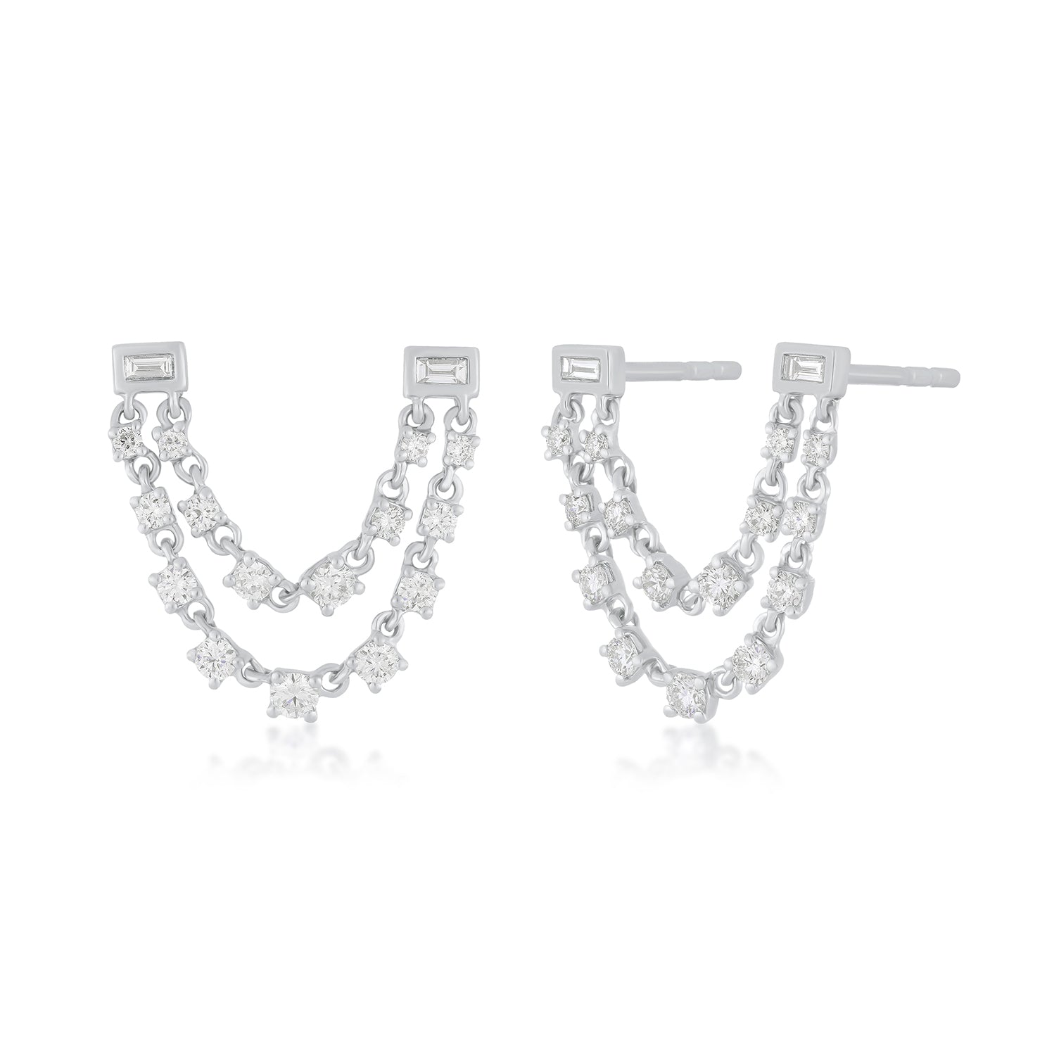 Baguette Double Diamond Chain Stud Earring