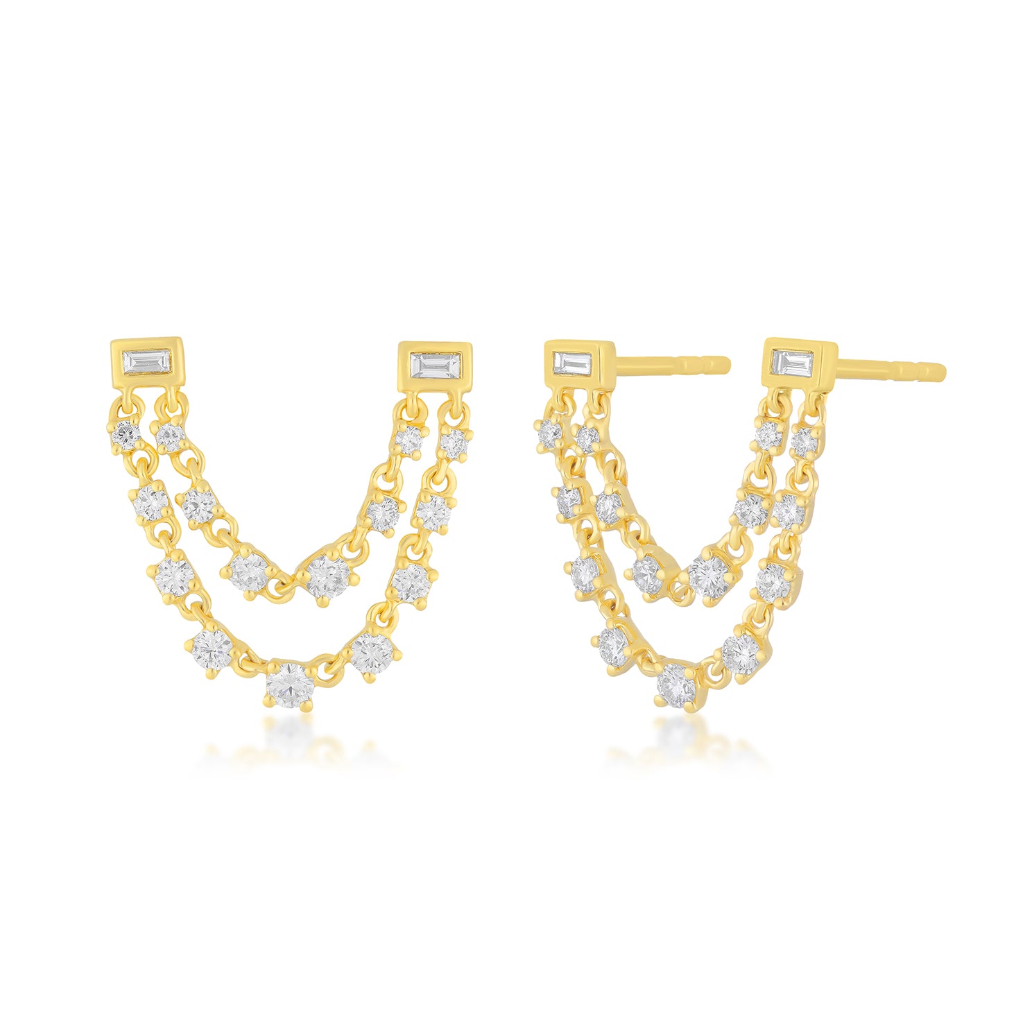 Baguette Double Diamond Chain Stud Earring