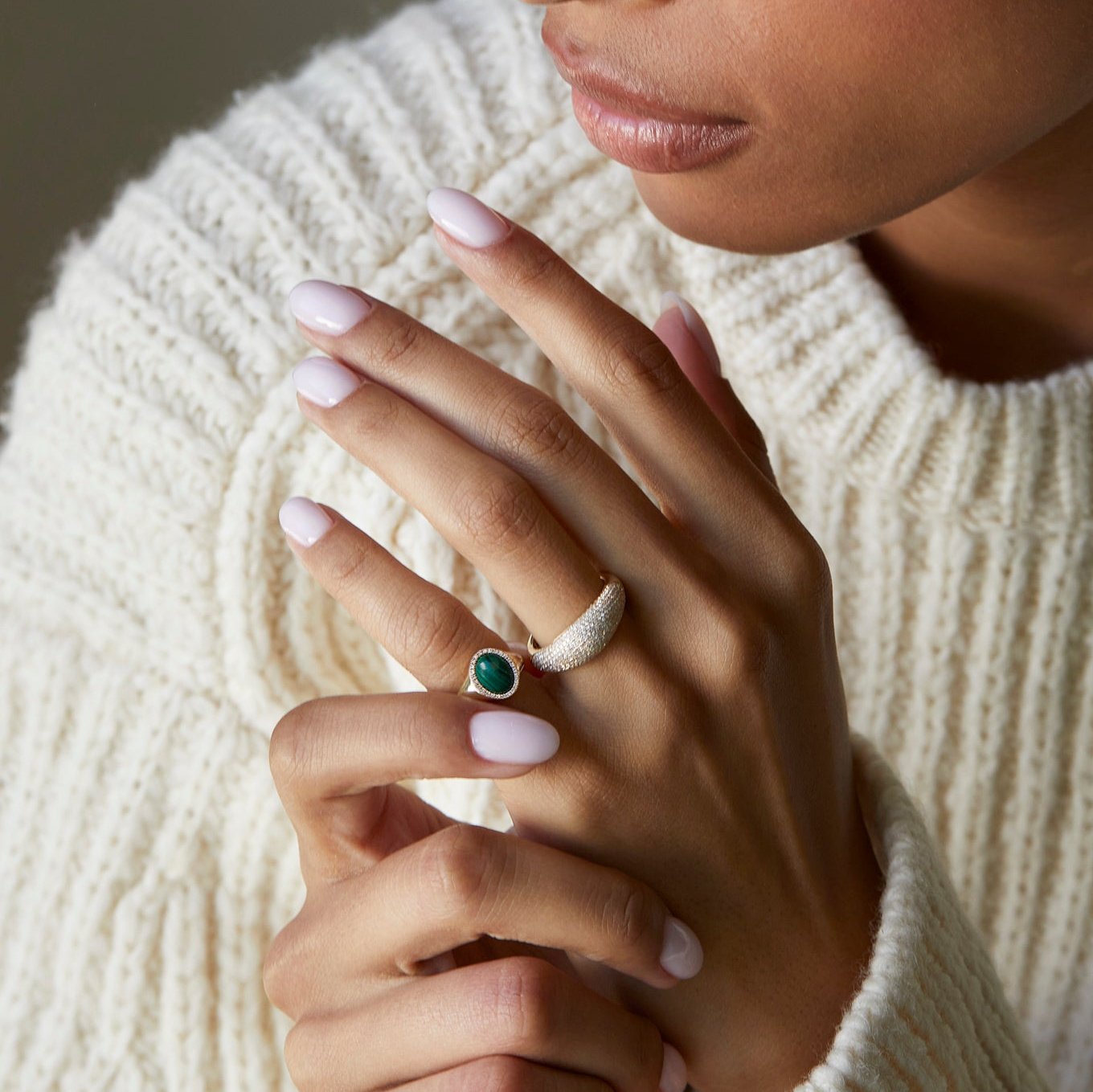 Diamond & Malachite Cabochon Signet Ring