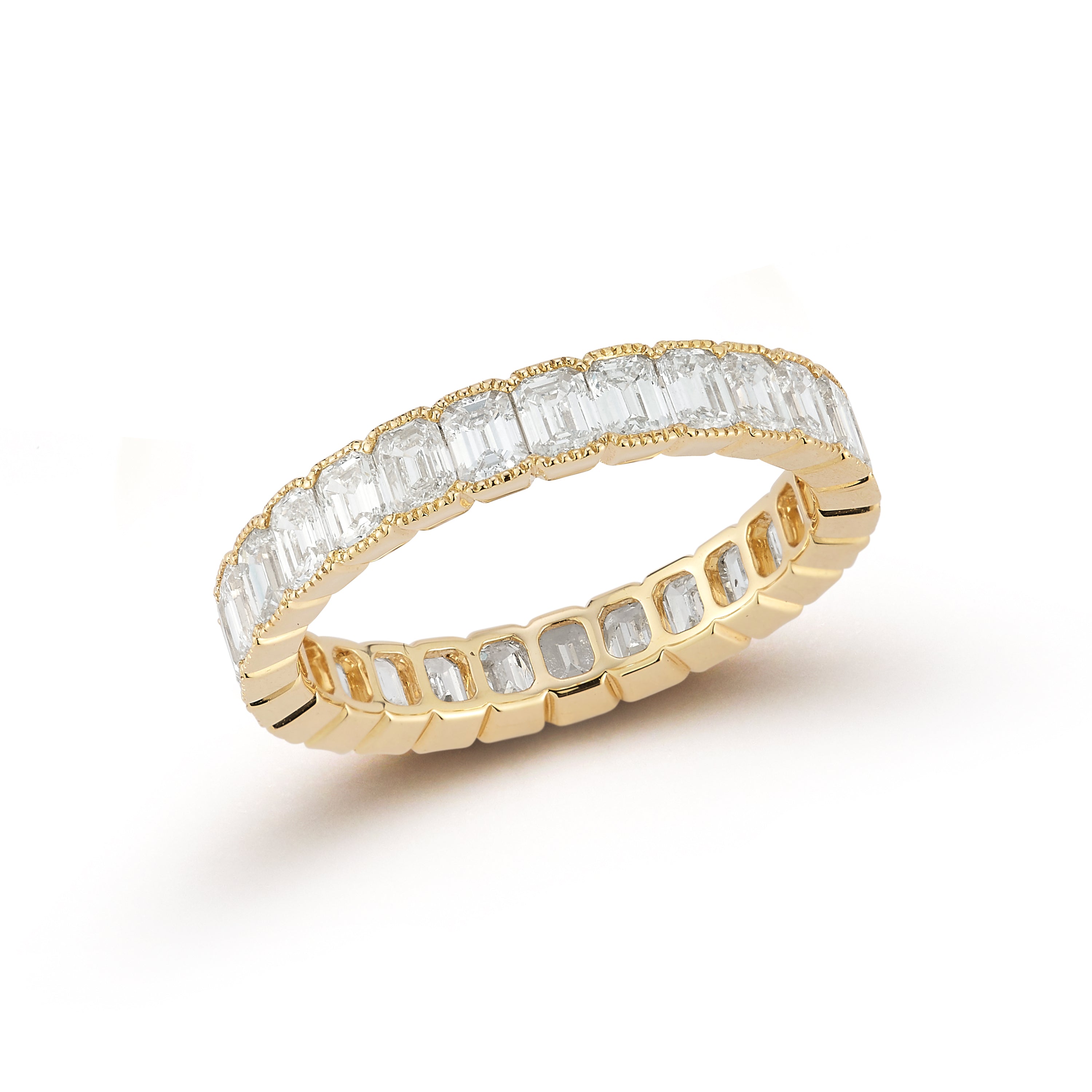 Emerald Cut Beaded Bezel Eternity Band in 18k yellow gold