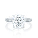 The Emily Engagement Ring with cushion cut center diamond with 3-sided micro pave diamonds on platinum band