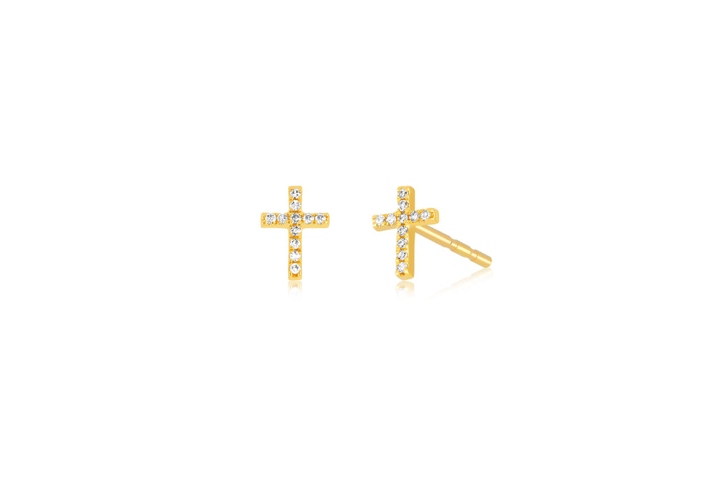 Flower Crystal Cross Baby Earrings in 14k Yellow Gold with Safety Backs