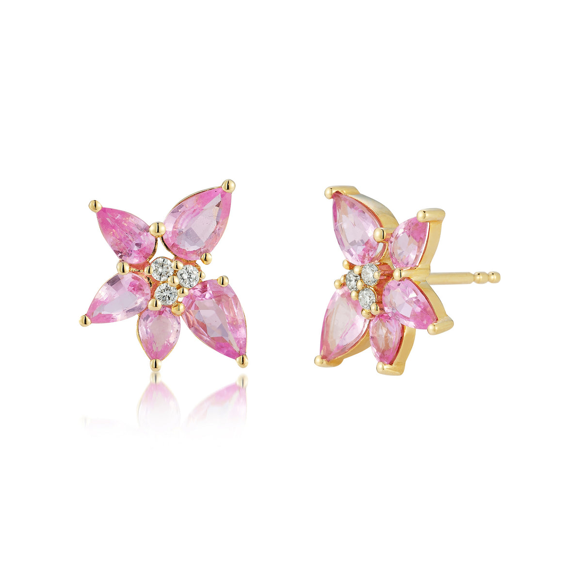 Pink Sapphire & Diamond Trio Cluster Stud Earrings | 14k Gold | EF