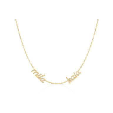 Double Diamond Script Name Necklace in 14k yellow gold with names mila and kala